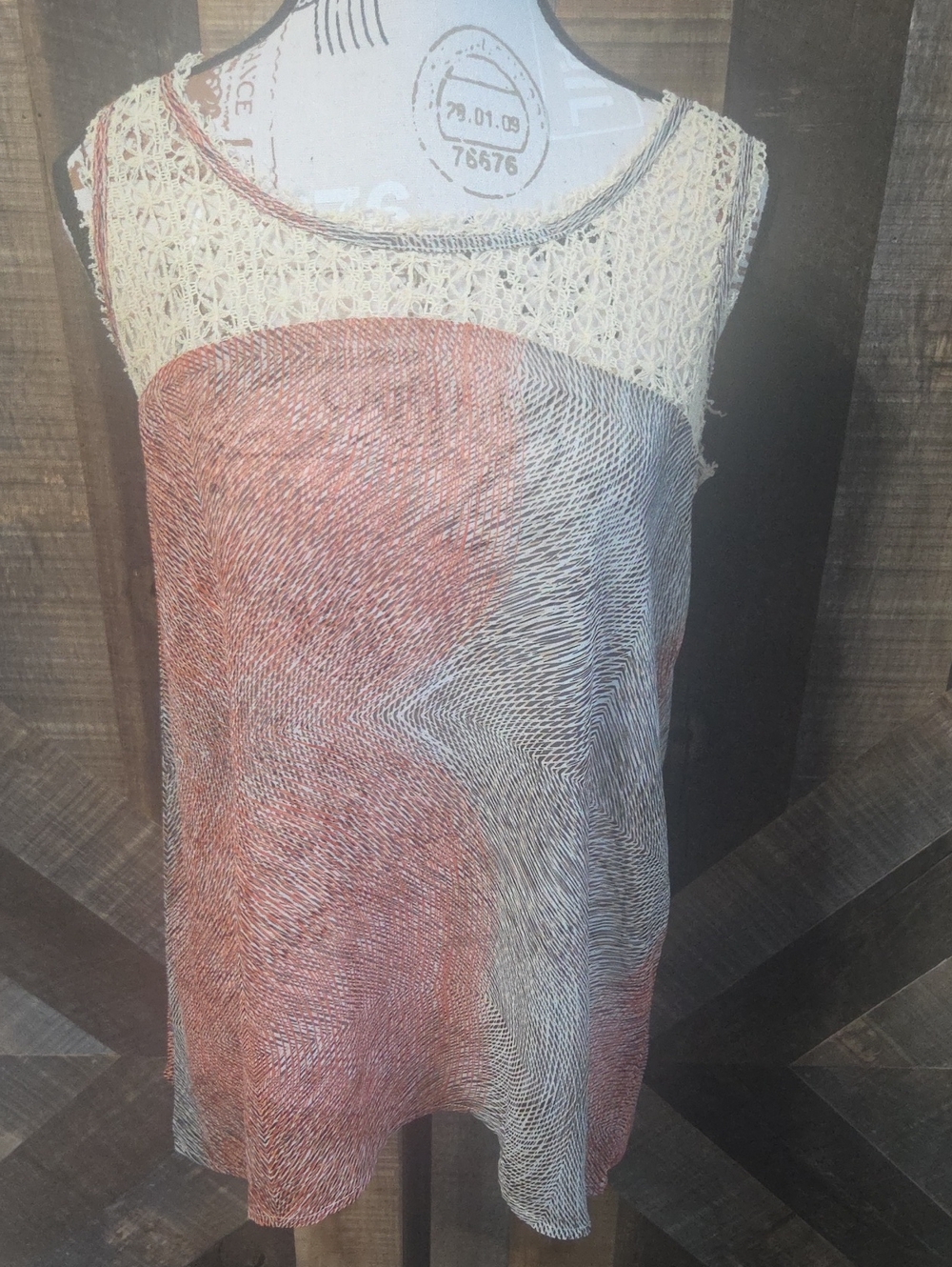 Mystree Crochet Yoke Tank in Cream and Rust